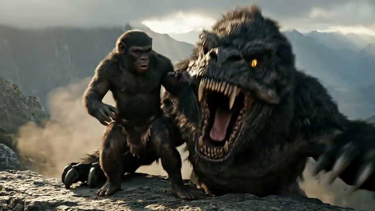 Prehistoric Man Confronts Wild Beasts in the Dark Night