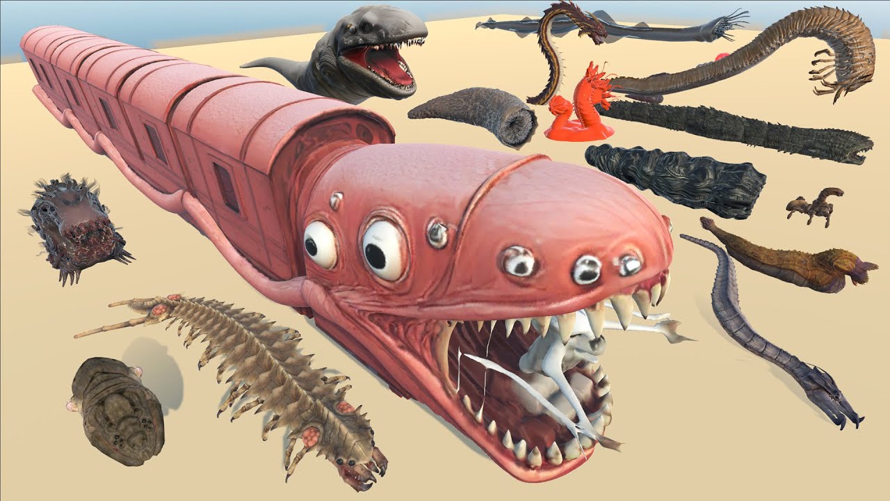 Train Worm Vs God Worm Vs Monster Sandworn - 3D Monster Worm, Death Worm Size Comparison