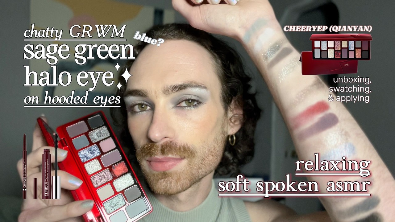 Relaxing Soft-Spoken ASMR Makeup Tutorial ✨ Cool-Toned Sage Green / Greyish Blue Halo Eyeshadow Look