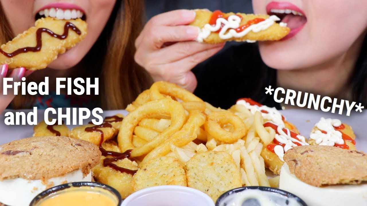 ASMR FRIED FISH AND CHIPS (ONION RINGS, FRIES, ICE CREAM) | Kim&Liz ASMR