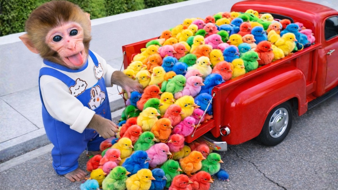 Monyet Milo Imut naik monster truck bawa bebek warna warni dan berenang di kolam pelangi