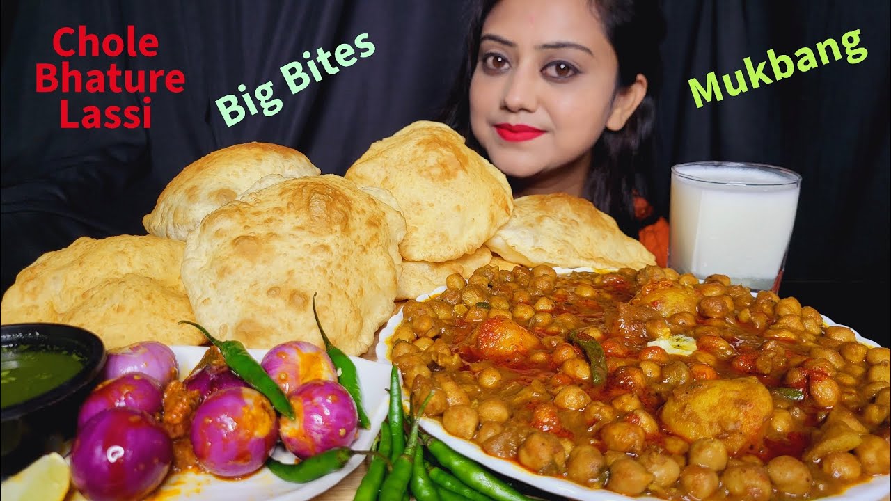 ASMR EATING SHOW - Chole, Bhature, Lassi, Onion || Mukbang || Big Bites||