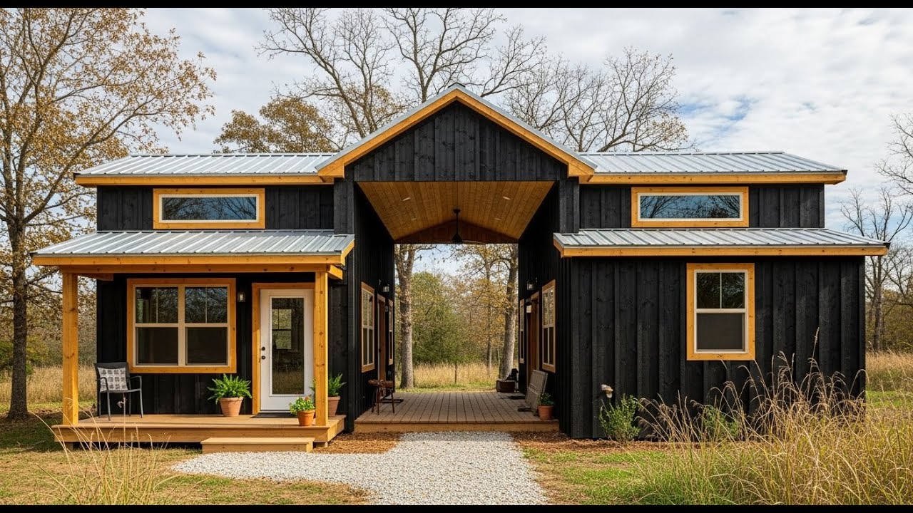 Affordable Black Dogtrot Barndominium Homes Exterior and Interior tour