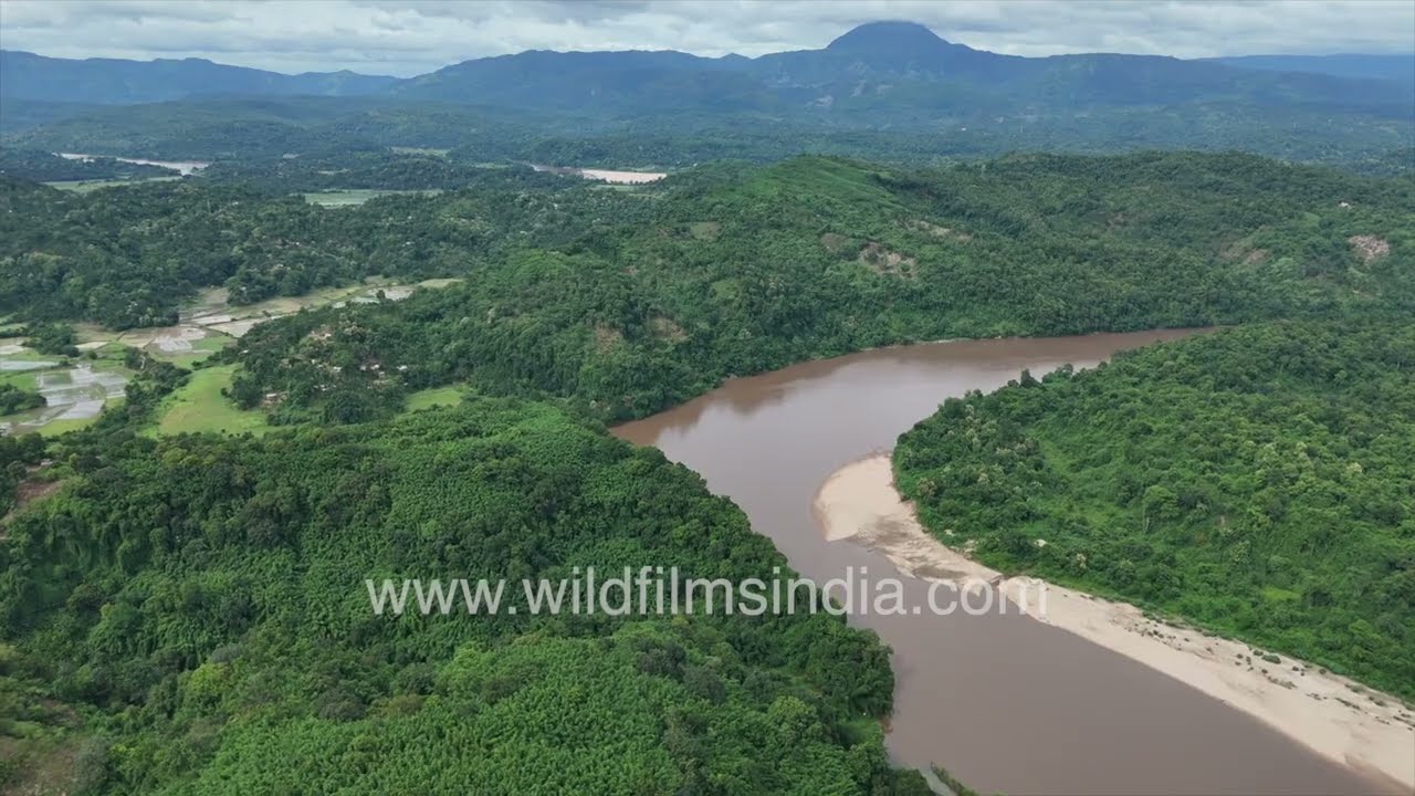 Rompa River in aerial view from near Wari Chora in Meghalaya's monsoon profusion
