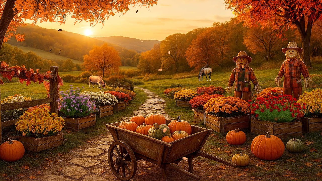 Halloween Pumpkin Farm Ambience 🎃 | Peaceful Autumn Countryside with Scarecrows