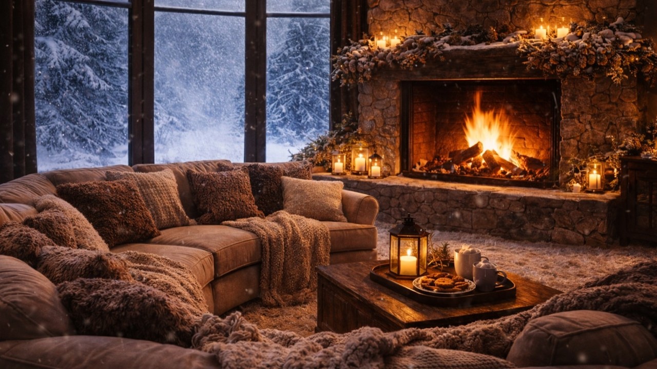 Midnight Blizzard Beyond the Window ❄️ Crackling Fireplace Glow for Deep Sleep | Cozy Cabin Retreat