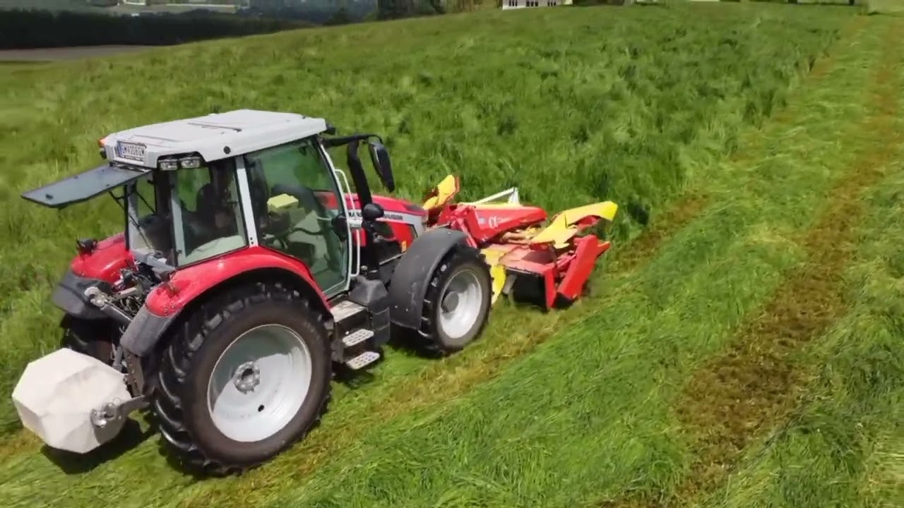 1. Schnitt 2023 mit einem #masseyferguson 5s und einem #pöttinger Mähwerk.