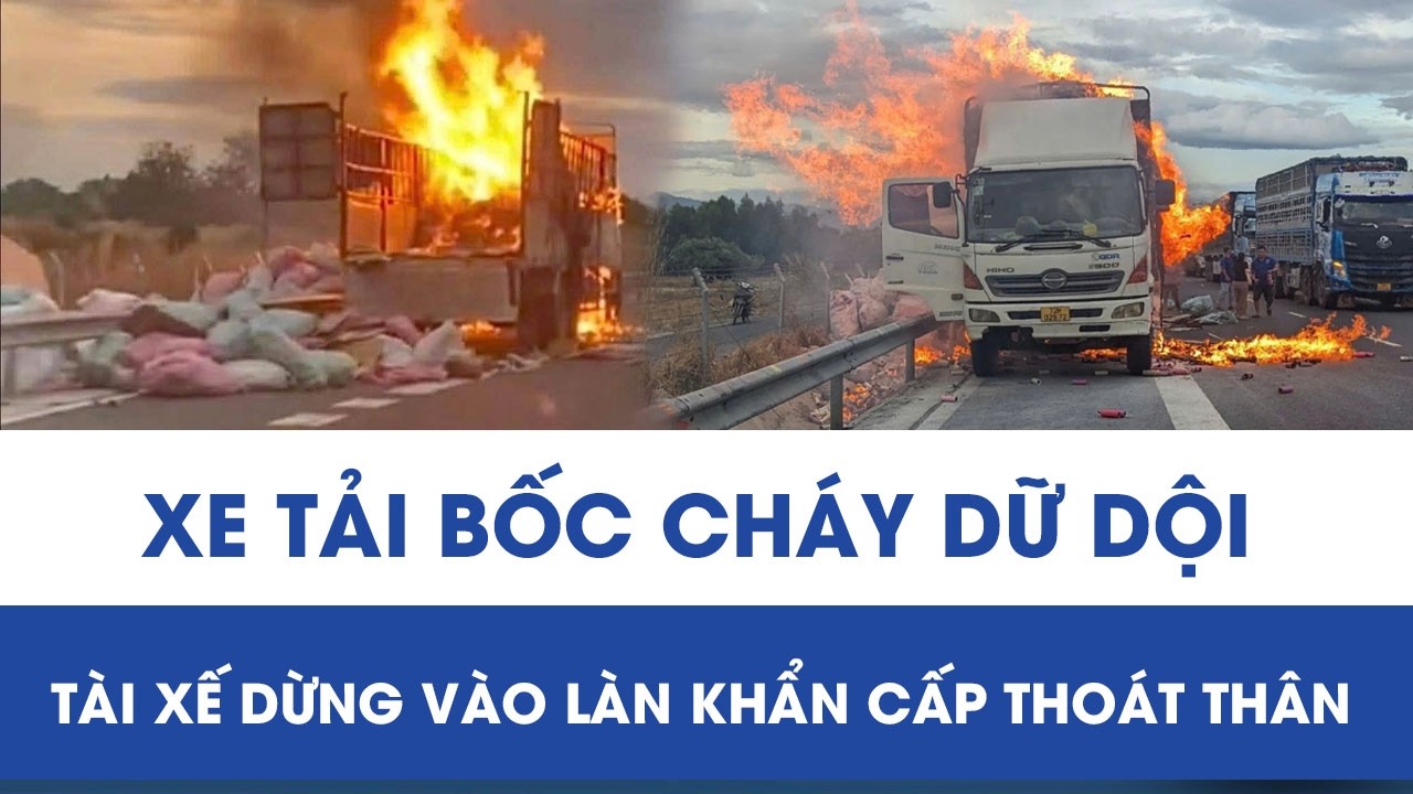 Xe tải bốc cháy dữ dội trên cao tốc Vĩnh Hảo - Phan Thiết, tài xế dừng vào làn khẩn cấp thoát thân
