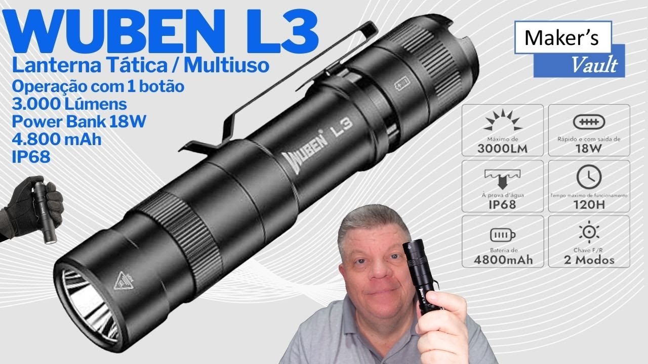 Wuben L3: Lanterna Tática | Multiuso - 3.000 Lm - Power Bank 18W - IP68