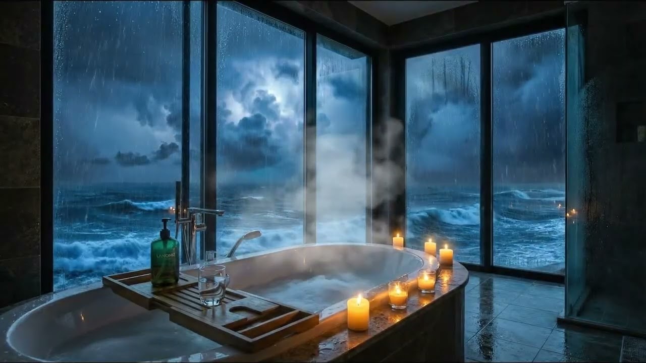 Heavy Rain on Window & Ocean Waves | 1 Hour Luxury Spa Ambience for Sleep 🌧️🛁