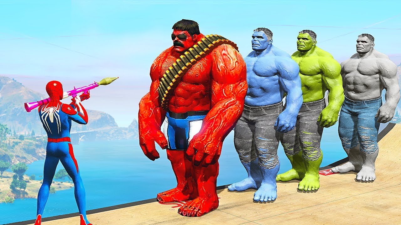 GTA 5 Epic Water Ragdolls Spiderman vs Red Hulk vs Blue Hulk vs Green Hulk (Funny moments, Fails)
