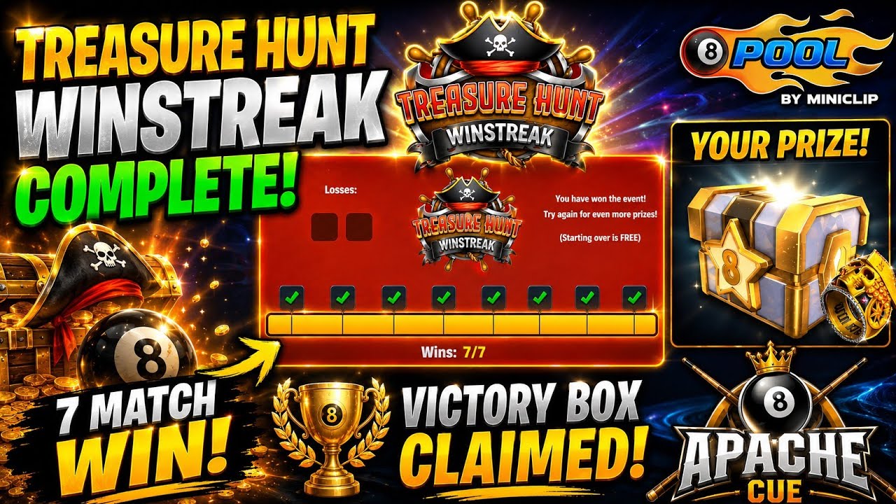 8 Ball Pool Treasure Hunt Winstreak Complete! 🏆 Victory Box Rewards & Full Gameplay | Apache Cue