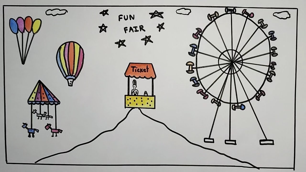 How to draw Funfair Scenery Drawing step by step II Amusement Park Drawing for Beginners
