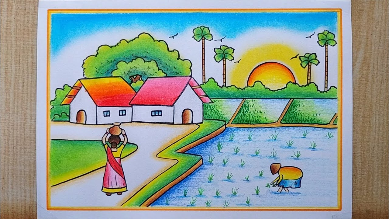 Paddy field with farmer scenery drawing| Village scenery drawing| Easy House,Sun,Trees,Bird Scenery