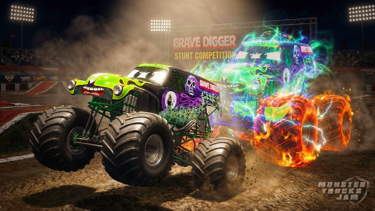 Grave Digger vs Ghost Monster Truck race in Monster Trucks Jam | Stunts, Flips & Crashes