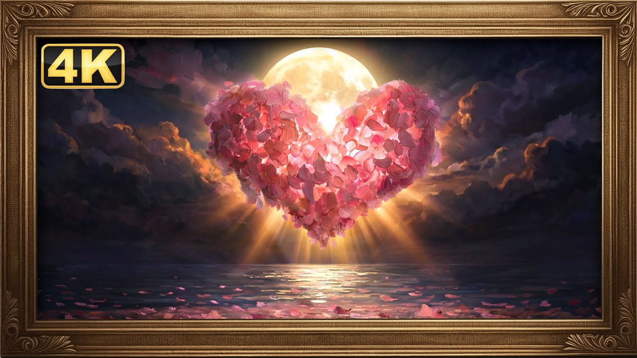 The Heart of the Moon | Floating Floral Heart & Moon Oil Painting |Valentine's Frame TV Art 4K