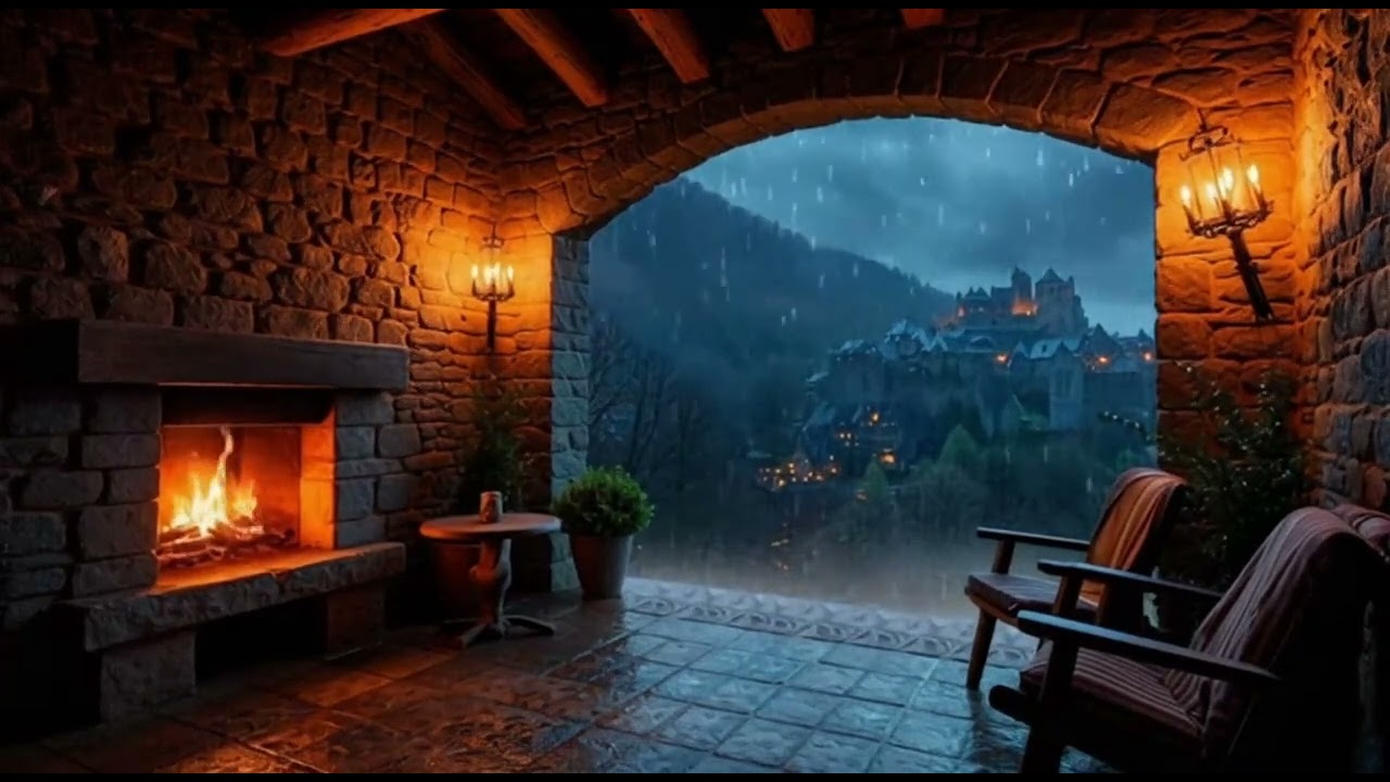 Medieval Rain & Fireplace Ambience 🔥🌧️ Winter Rain & Distant Thunder | Cozy 1 Hour