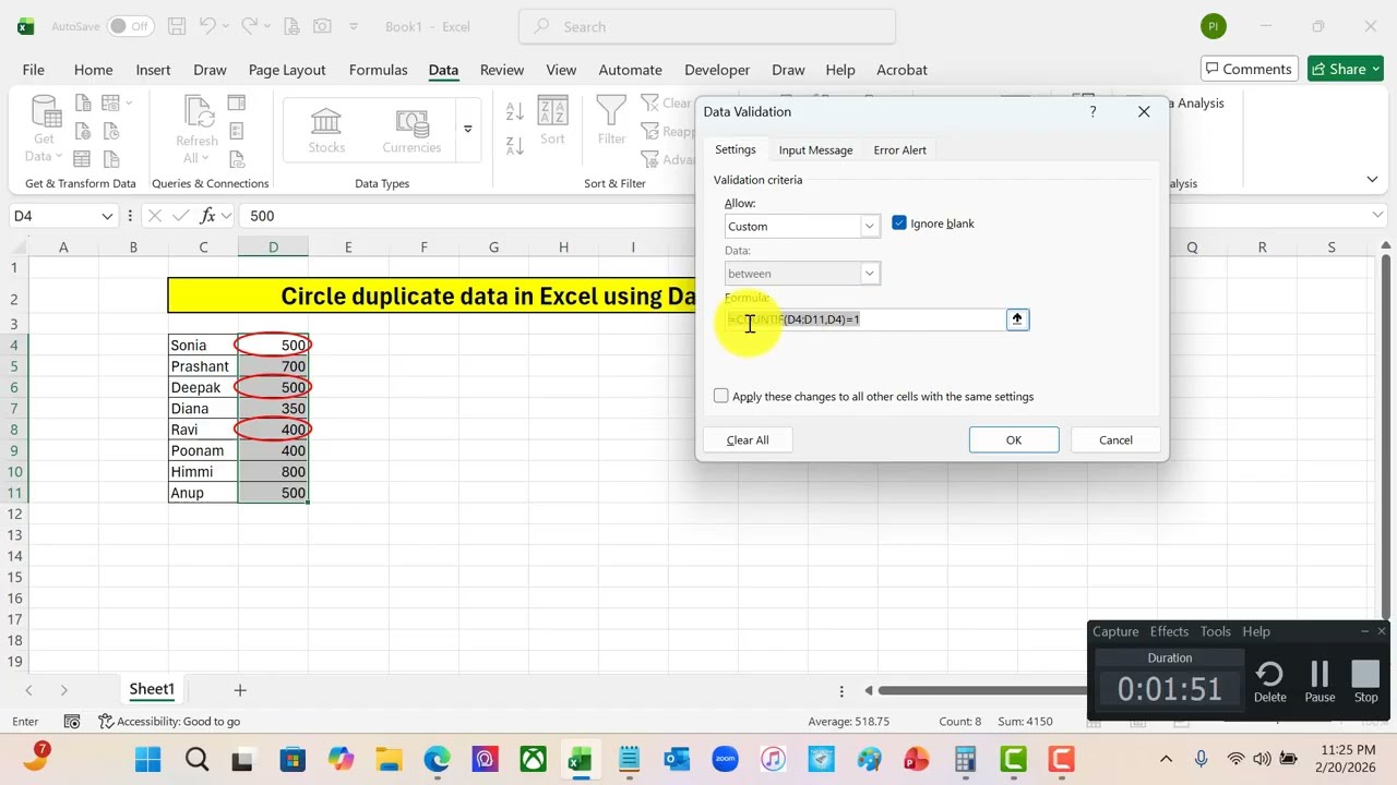 Circle duplicate data in Excel using Data Validation