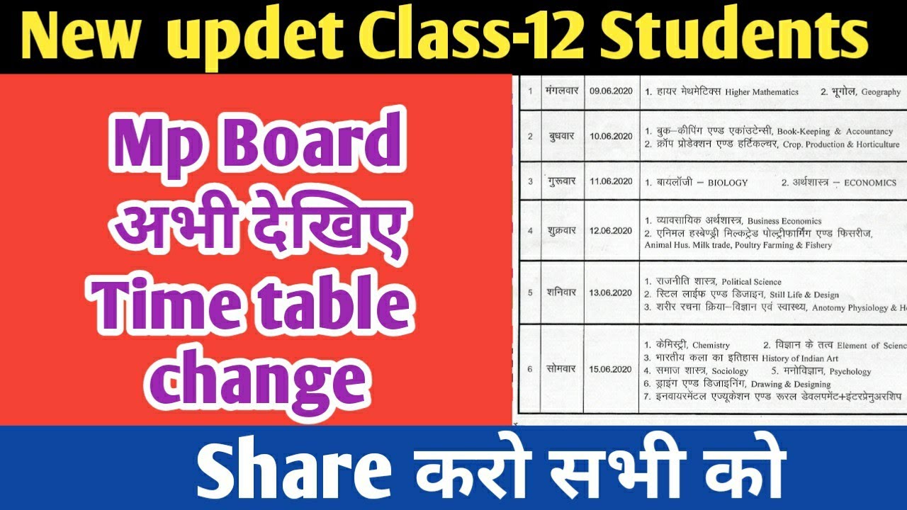 New updates Mp board exam class-12 /New time table class-12