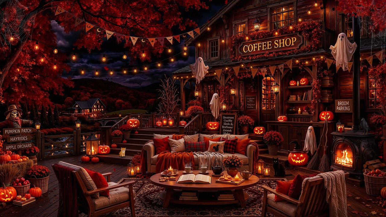 Pumpkin Glow at the Fall Coffee Shop 🎃| Halloween Autumn Jazz & Crackling Fireplace on a Quiet Night