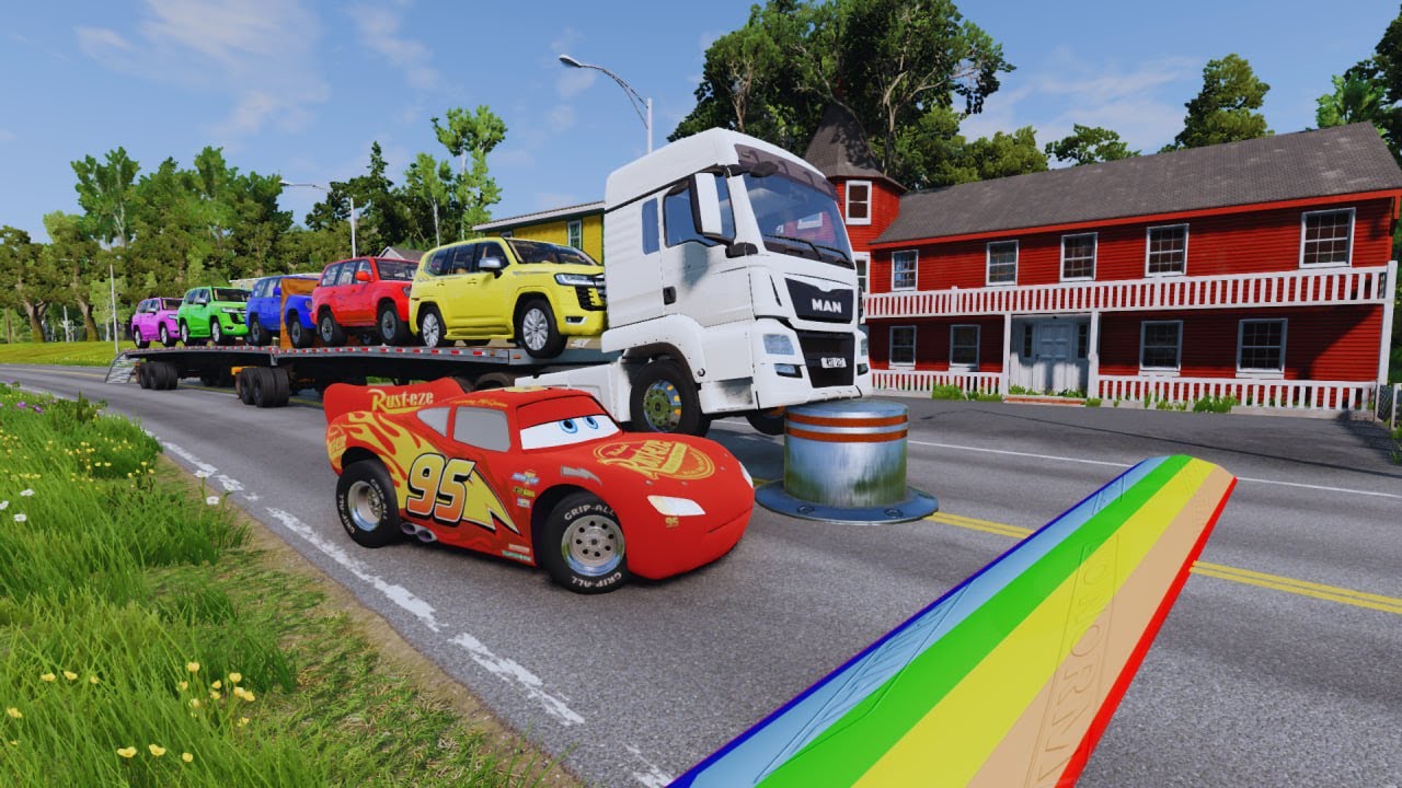 Flatbed Truck McQueen | Transportation with Truck - Pothole vs Car #9 | BeamNG.Drive Gameplay