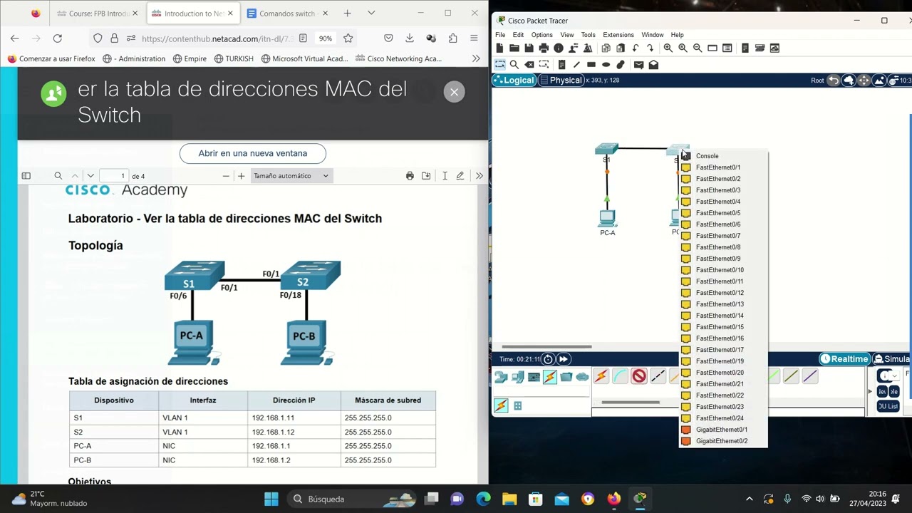 CCNA1 7.3.7 Visualización de la tabla de direcciones MAC del switch