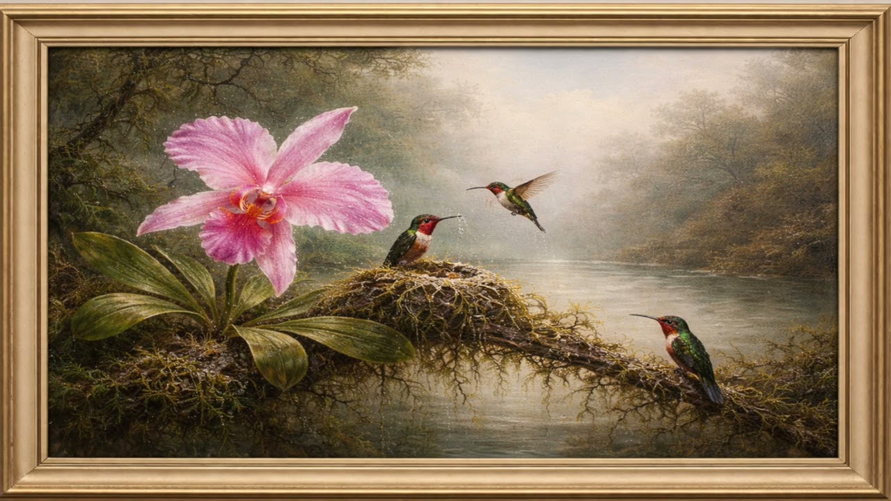 Hummingbirds in Soft Mist/ Elegant Vintage Oil Painting / 1 Hour TV Frame Art