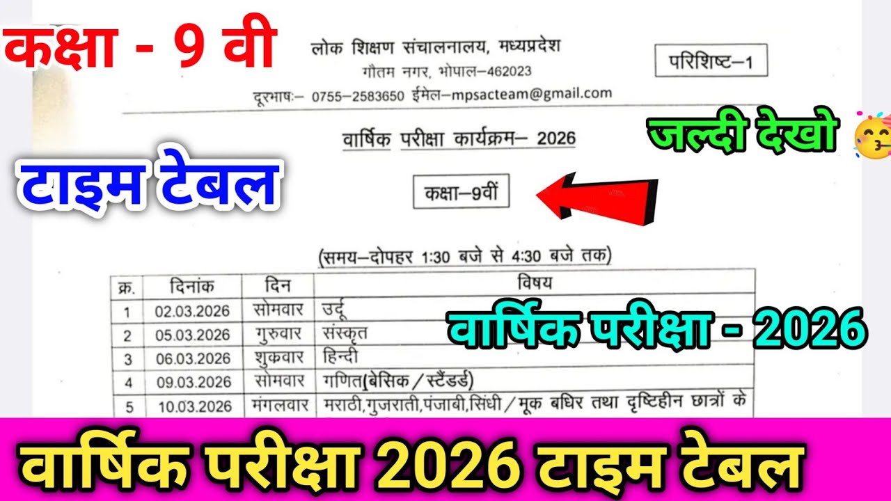 🔥 Class 9th Annual Exam Time Table 2026 ll Mp Board 9th Time Table 2026🔥 ll