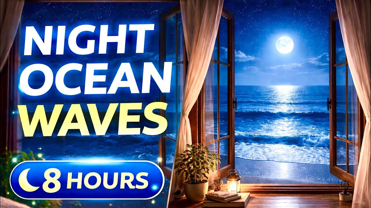 8 Hours Ocean Waves from Cozy Window 🌙 Moonlight Sea Sounds for Sleep & Relaxation