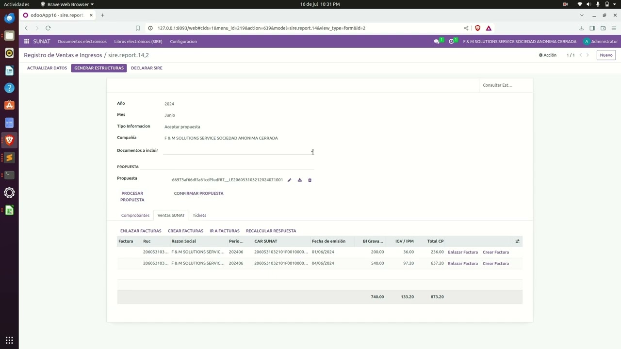 Funcionamiento de SIRE  venta y compra en odoo.