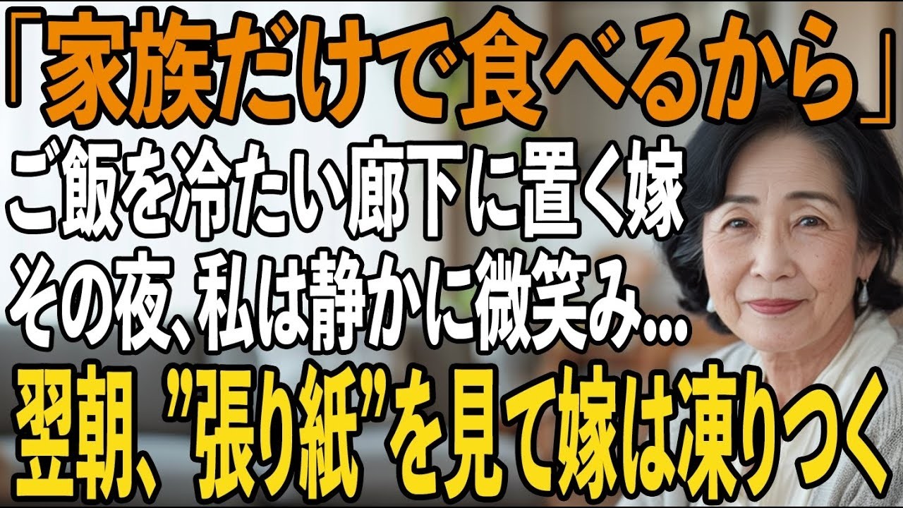「家族だけで食べたいので」私の食事を廊下に置き続ける息子嫁、無視する息子。その夜、私は黙って姿を消した→翌朝、玄関の張り紙に息子嫁は顔面蒼白に【シニアライフ】【60代以上の方へ】