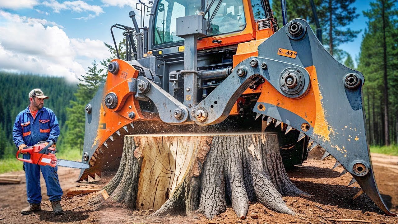 &Auml;u&szlig;erst gef&auml;hrliche waghalsige Holzf&auml;ller, Baumstumpfentfernung mit riesigem Bagger.