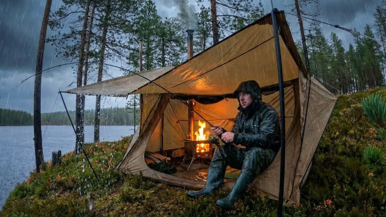 Surviving 24 Hours Solo Camping in Heavy Rain & Fishing! ⛈️🎣 (Don't Miss the Catch)