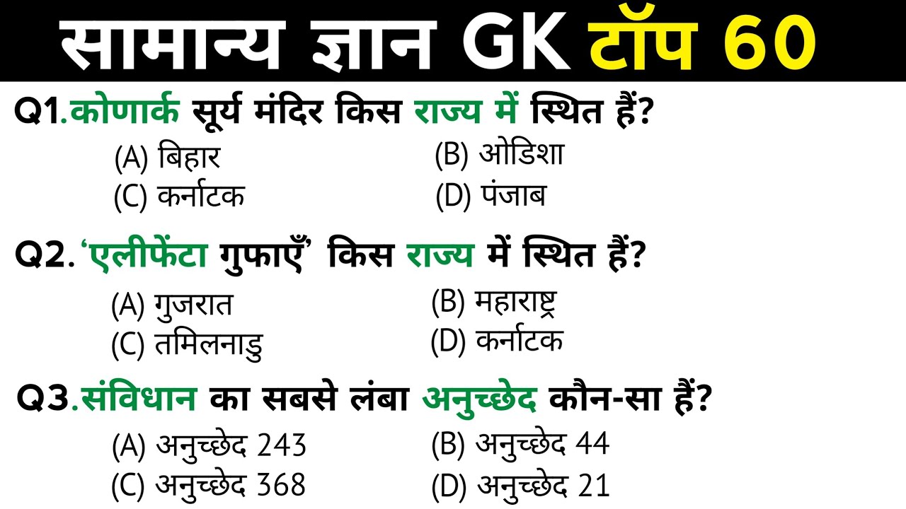 सामान्य ज्ञान | General Knowledge | Top 60 Gk GS questions | SSC GD, MTS, RPF, CRPF | GK quiz