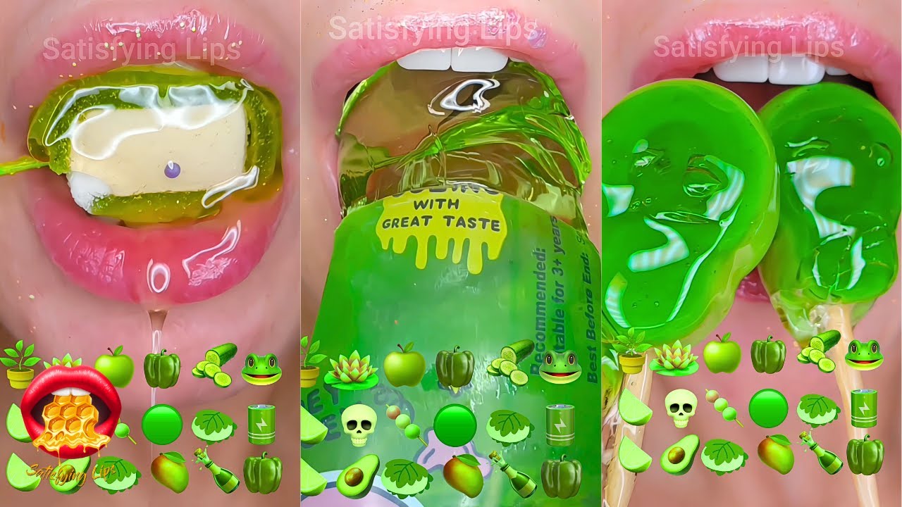 Satisfying ASMR Eating Green Food Emoji Challenge 🐸🪴🍏🟢
