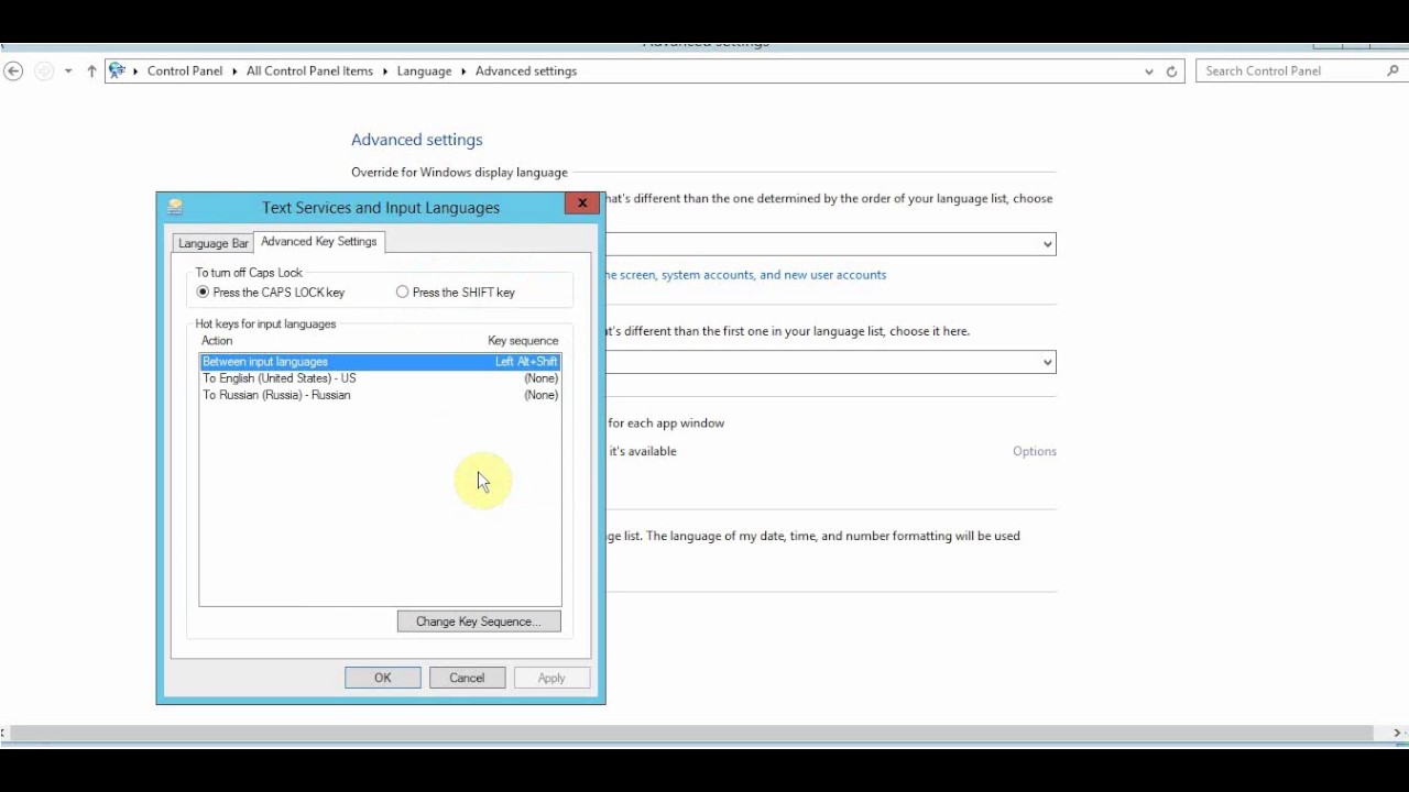 Set key combination to switch between languages in Windows