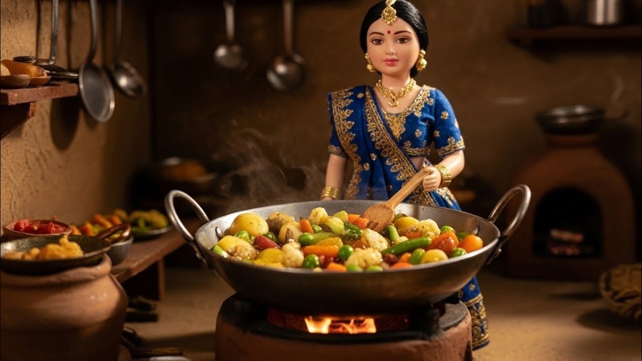 Miniature Doll Mixed Vegetable Sabzi Cooking ASMR | Indian Village Tiny Kitchen