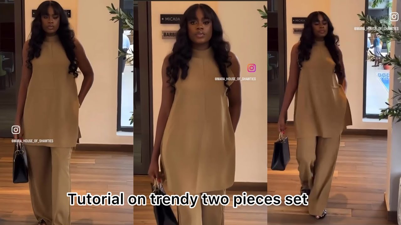 How to make High neck sleeveless long top with side slits and pants two pieces set