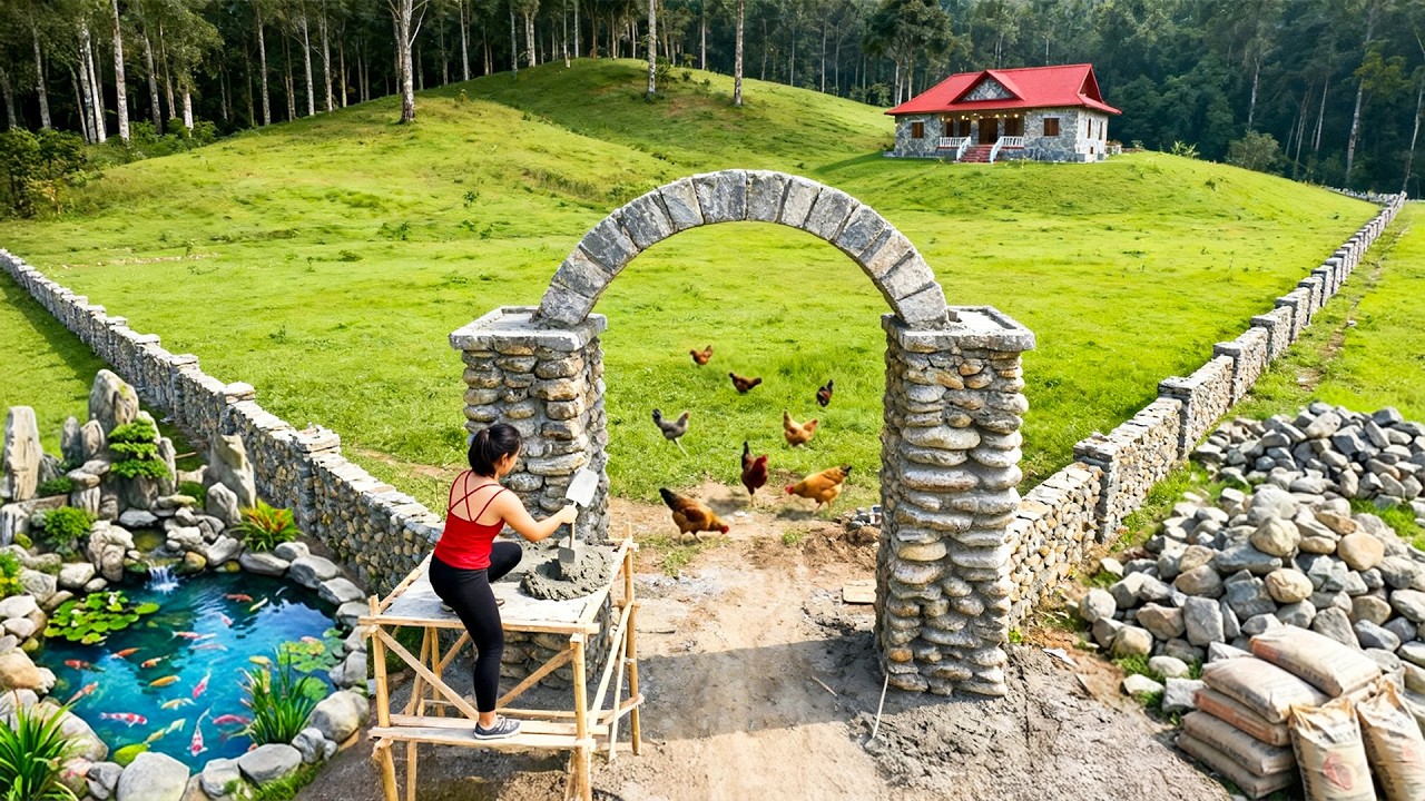 TIMELAPSE –Amazing DIY: Finished building farm gate with two stone pillars