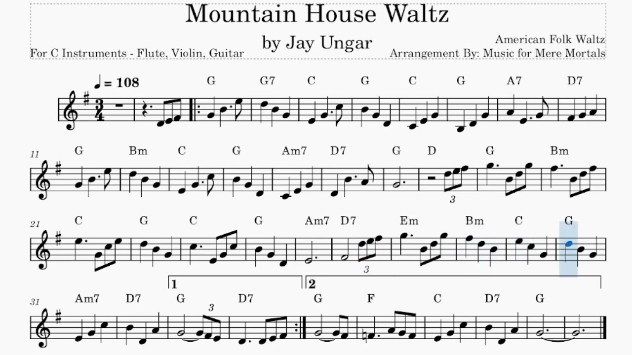 Mountain House Waltz by Jay Unger - Folk - Play Along for C Instruments