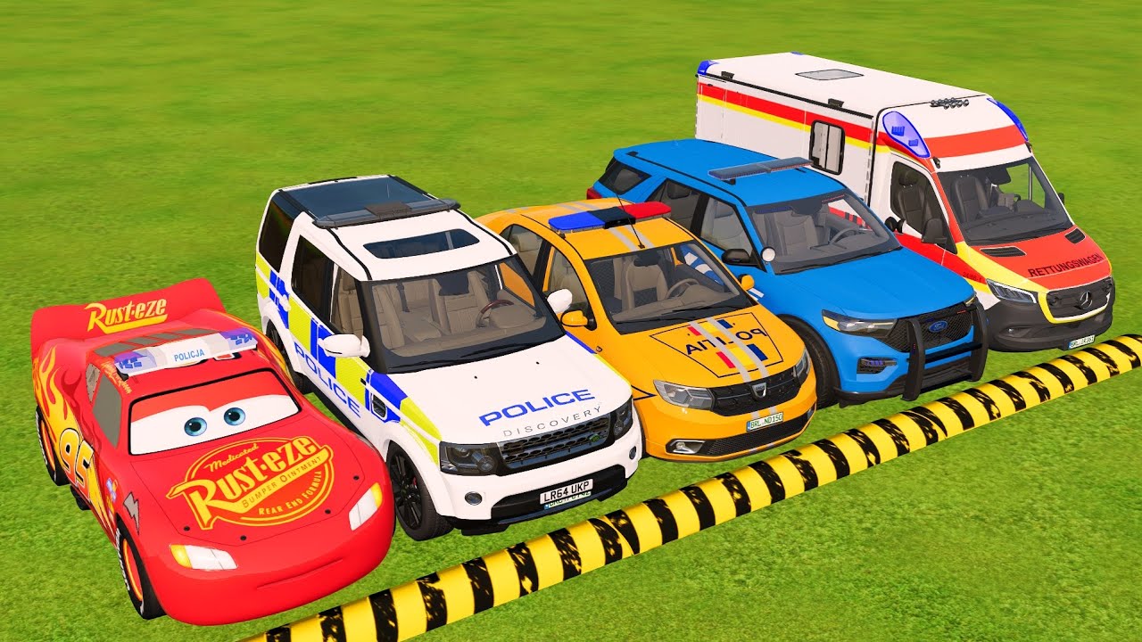 TRANSPORTING CARS, AMBULANCE, FIRE TRUCK, POLICE CARS OF COLORS! WITH BIG TRUCKS! -fs22 #47