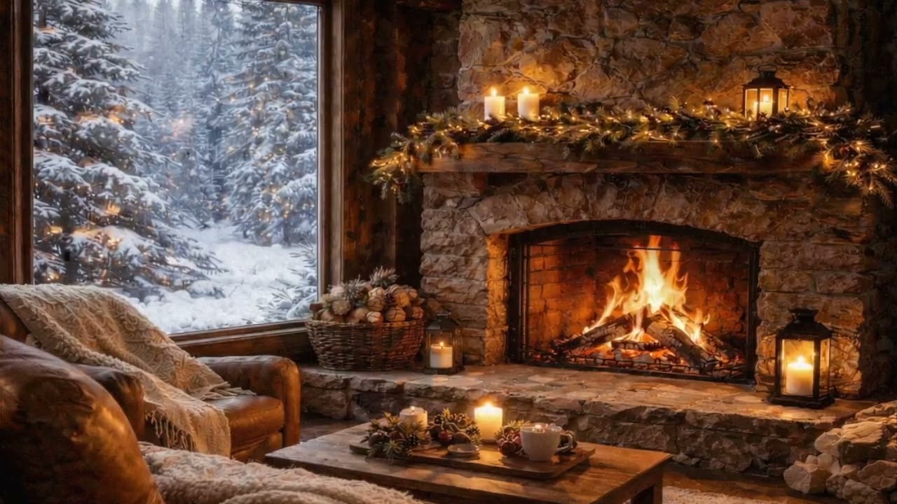 Cozy Fireplace with Snow Outside | Winter Fire Sounds for Sleep & Relax