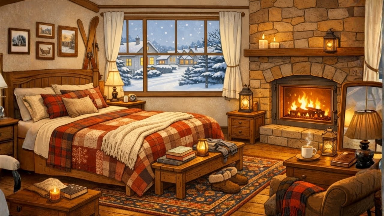 Cozy Fireplace Bedroom for Sleep ❄️ Fireplace, Snowfall & Warm Night Comfort