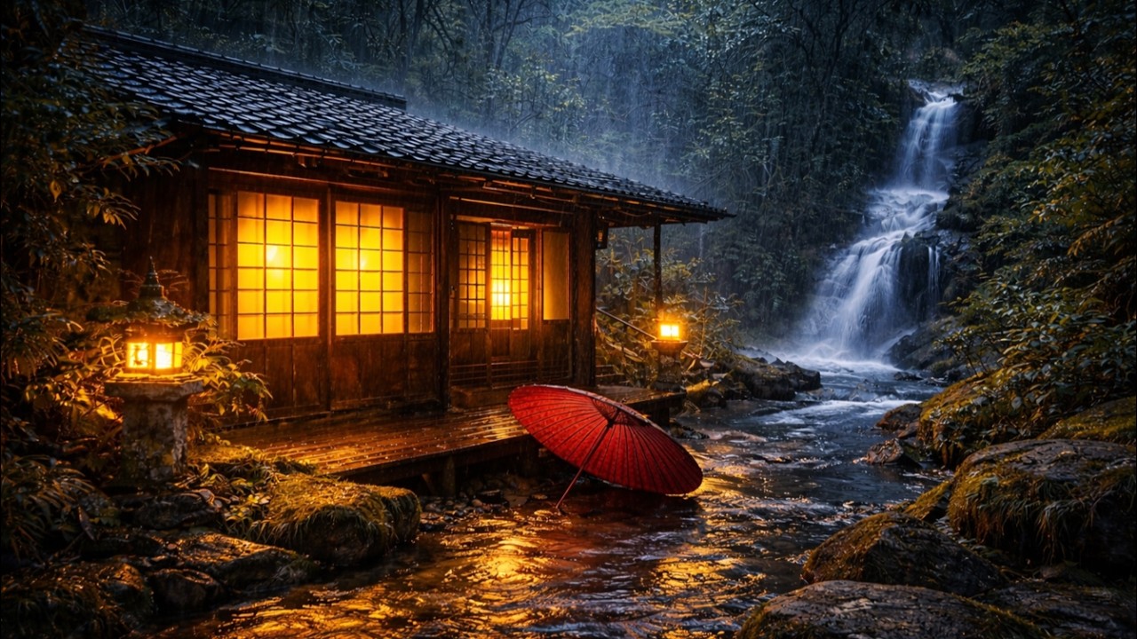 Japanese Forest Cabin Rain 🌧️ Cozy Night by the River for Deep Sleep & Relaxation