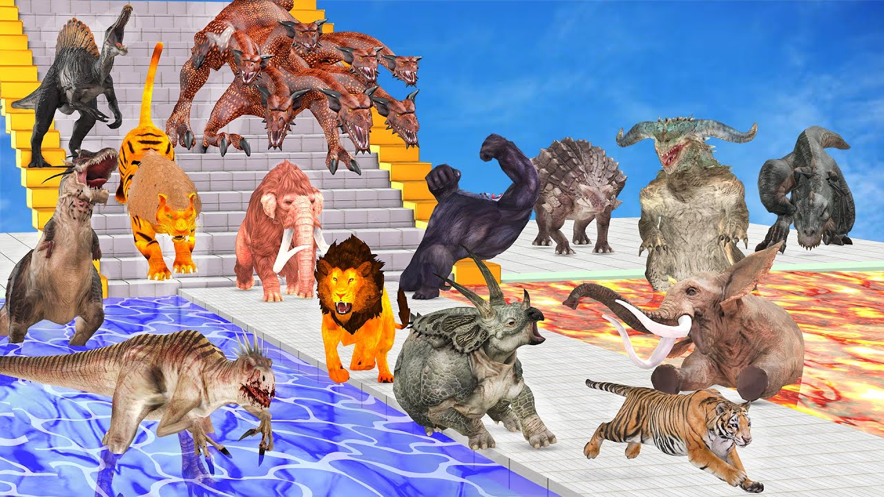 Dinosaurs Vs Animals Falling Down the Stairs into Lava Path - Stairs Championship of All Units