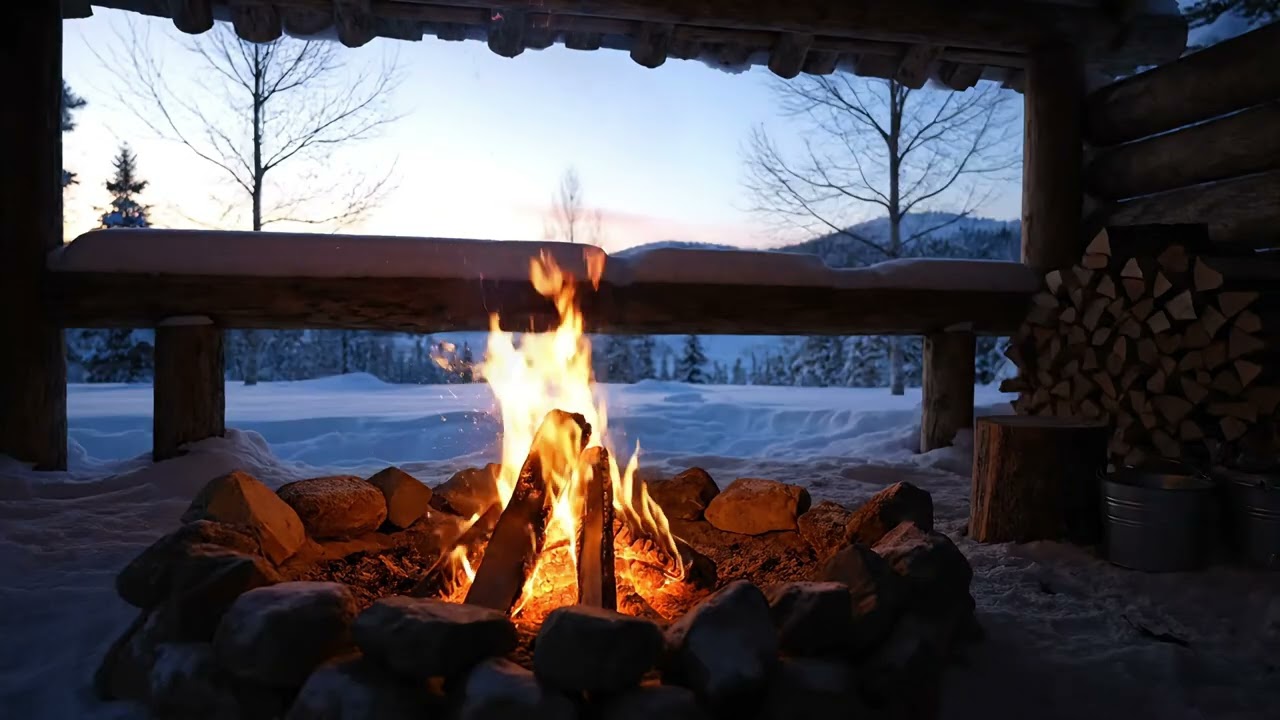 Cozy Winter Firepit at Dusk | 4K Relaxing Ambience | Snowy Mountain Cabin Vibes