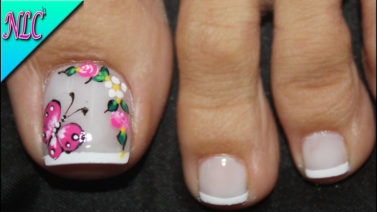 MARIPOSA Y ROSAS EN UÑAS PARA PIES - BUTTERFLY NAIL ART - FRENCH NAIL ART - NLC
