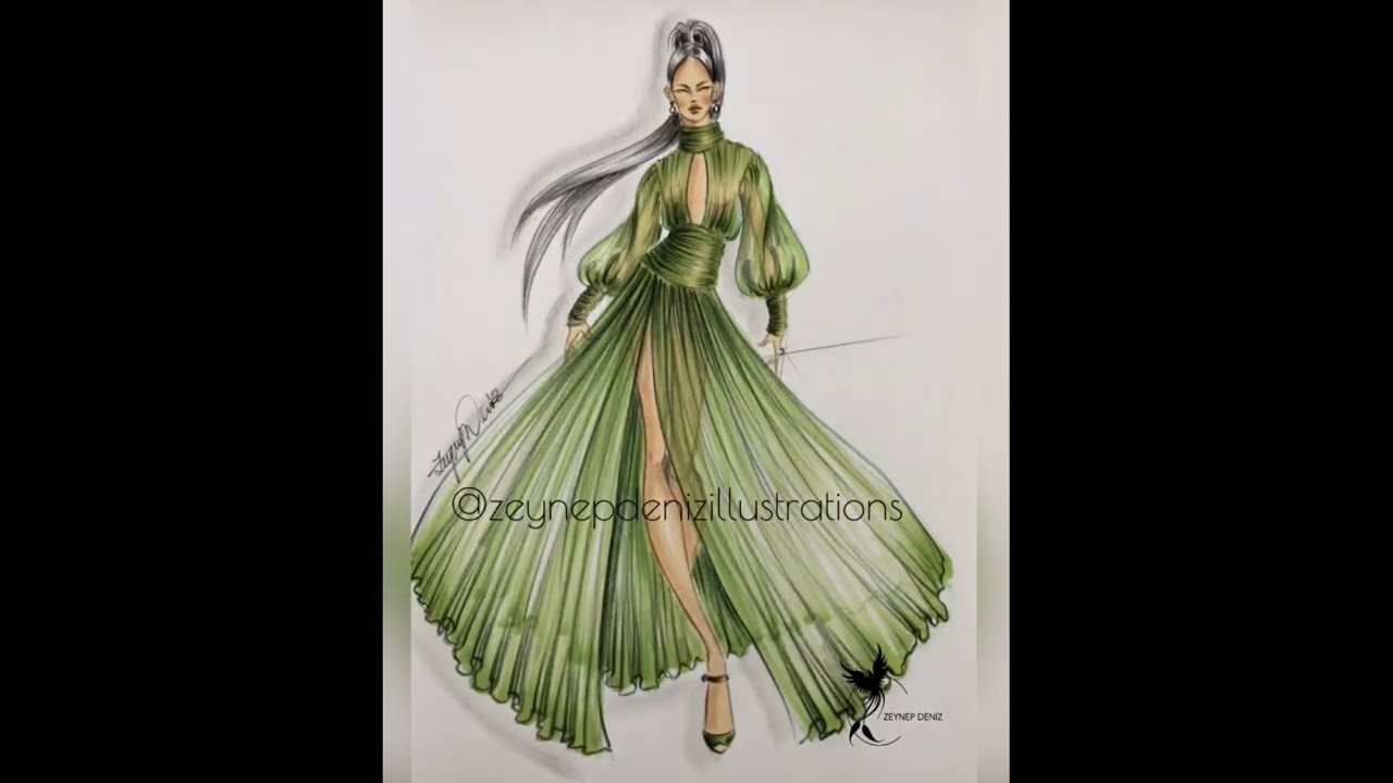 Chiffon dress marker rendering-Fashion sketch tutorial by ZEYNEP DENIZ
