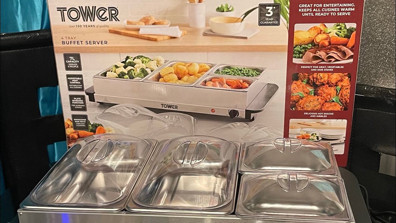 4 Tray Buffet Server - Tower T16041BF 300w, Plate Warmer in Stainless Steel