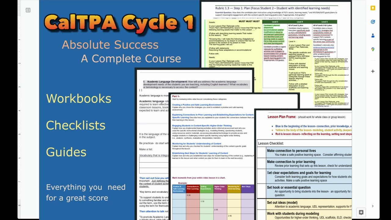 CalTPA Cycle 1 Absolute Success - Guides Workbooks Tools - a Complete Course from Johnnie